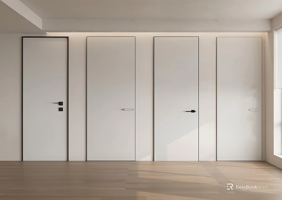 White Hinged Doors In Modern Room With Wooden Floor And Clean Design 3d model 