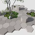 Hexagonal Plaza Paving Design With Trees Greenery And Stone Accents