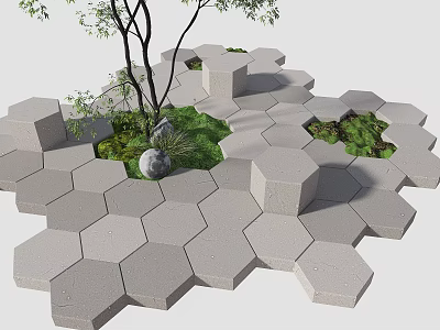 Hexagonal Plaza Paving Design With Trees Greenery And Stone Accents 3d model