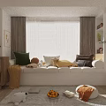 Cozy Bay Window Seating Area With Colorful Pillows Curtains And Sunlight