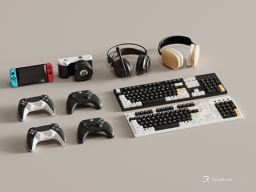 Assorted Gaming Controllers Keyboards Wireless Headphones Camera Smartphone And Switch Tech Gear 3d model 