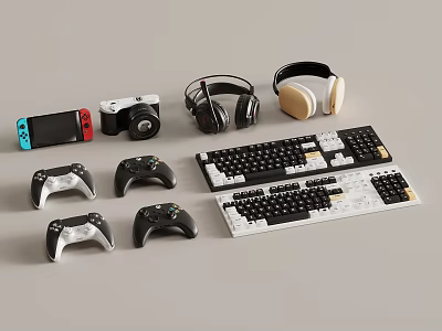 Assorted Gaming Controllers Keyboards Wireless Headphones Camera Smartphone And Switch Tech Gear 3d model