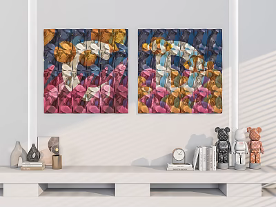 Vibrant Decorative Paintings and Shelf Decor Items Like Bears Clocks Books for Interior Decoration 3d model