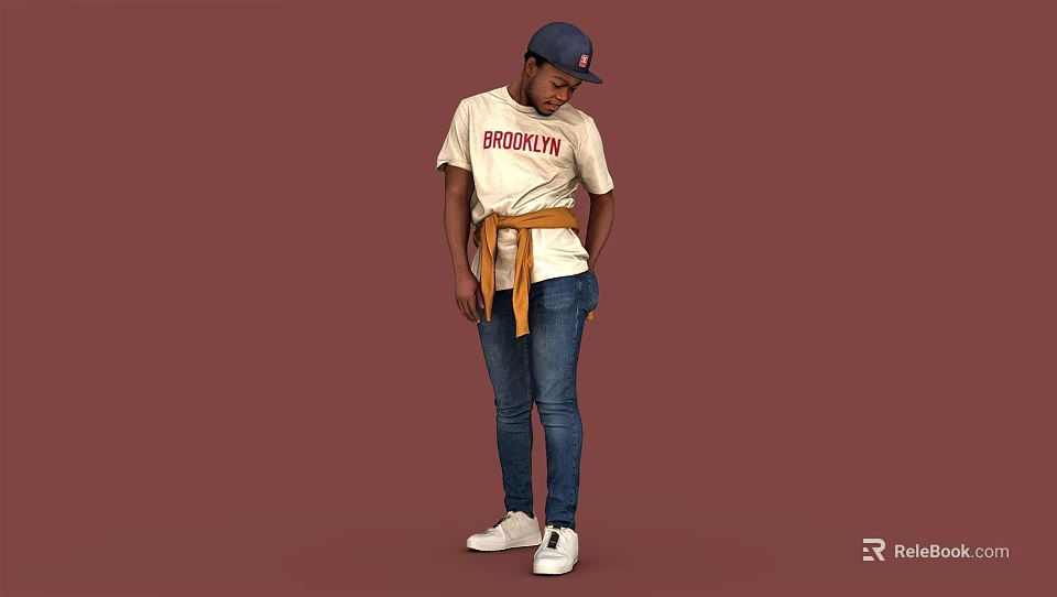 Man Wearing Blue Cap White Brooklyn T Shirt Orange Belt Blue Jeans White Sneakers 3d model 
