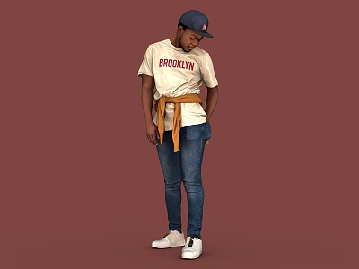 Man Wearing Blue Cap White Brooklyn T Shirt Orange Belt Blue Jeans White Sneakers 3d model