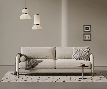 Modern Double Sofa Cream Style Double Sofa Antique Double Sofa Fabric Three-Seat Sofa Carpet Side Candelier Hanging Picture 3d model