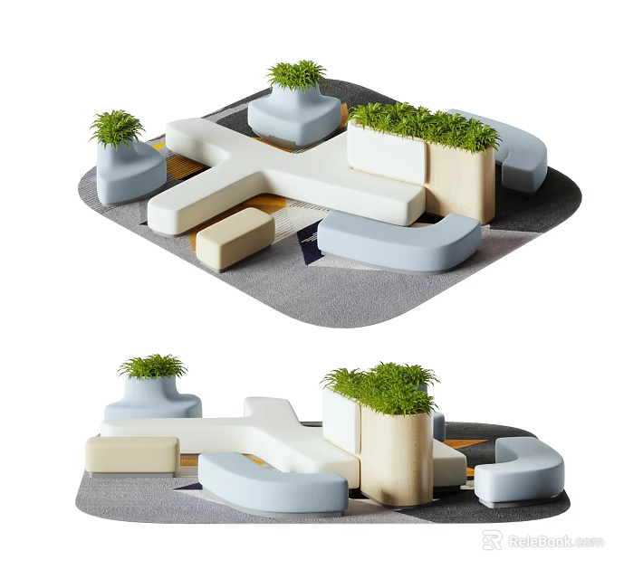 Modern Public Chair Design With Geometric Shapes Neutral Tones And Green Plants In Open Space 3d model 