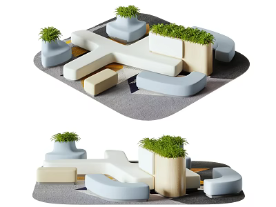 Modern Public Chair Design With Geometric Shapes Neutral Tones And Green Plants In Open Space 3d model