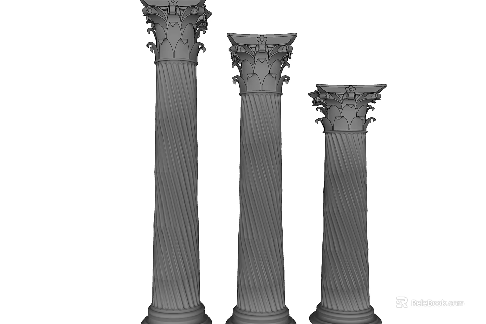 Three Decorative Roman Columns Featuring Twisted Design And Classical Capitals 3d model 
