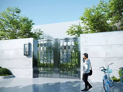 Modern Metal Entrance Gate With White Wall Green Trees And Building Exterior 3d model