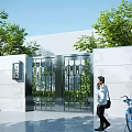 Modern Metal Entrance Gate With White Wall Green Trees And Building Exterior