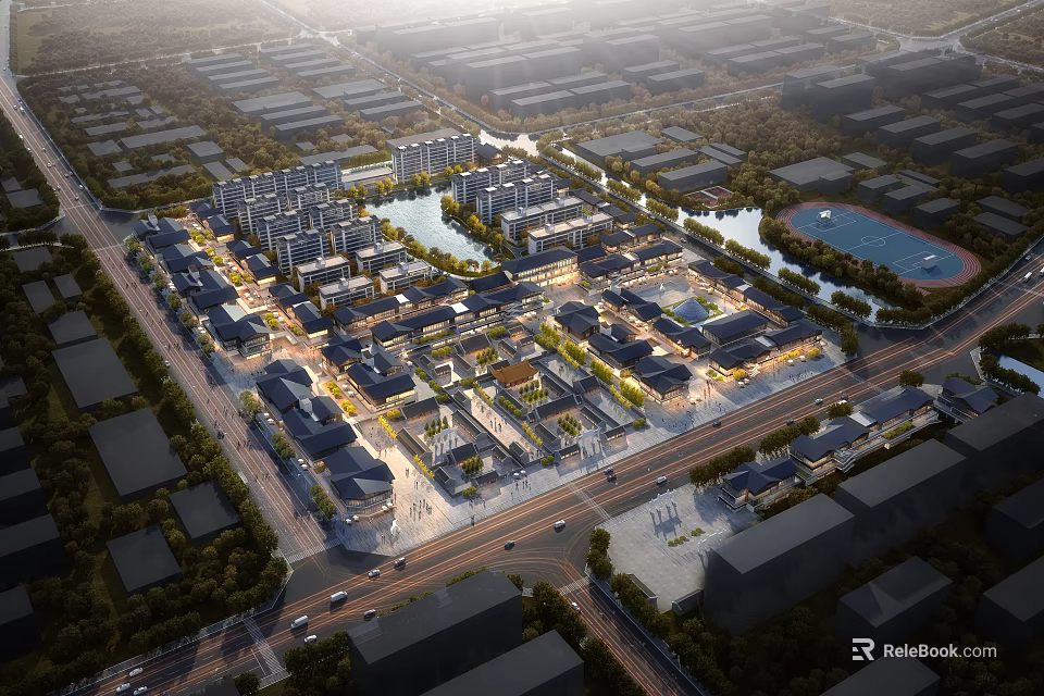 Scenic Modern Commercial Street View With Multi Story Buildings Water Features And Greenery 3d model 