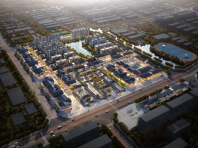 Scenic Modern Commercial Street View With Multi Story Buildings Water Features And Greenery 3d model