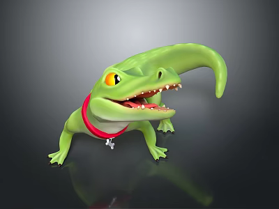 Cartoon Green Crocodile With Red Collar Bone Pendant And Yellow Eyes 3d model