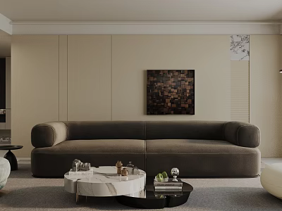 Modern Living Room Interior With Dark Gray Sofa Round Coffee Table And Wall Art 3d model