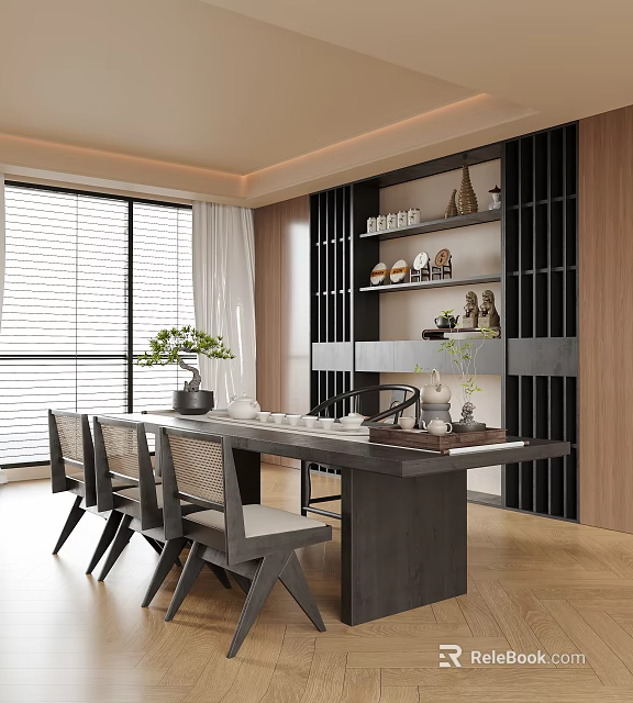 Modern Tea Room Interior With Long Table Chairs Potted Plants And Tea Sets 3d model 