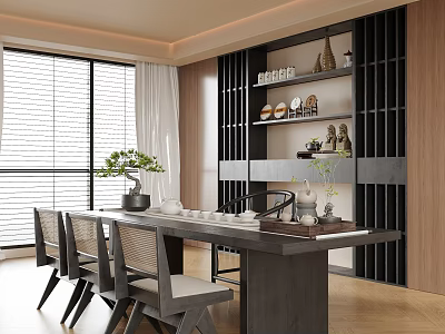 Modern Tea Room Interior With Long Table Chairs Potted Plants And Tea Sets 3d model