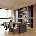 Modern Tea Room Interior With Long Table Chairs Potted Plants And Tea Sets