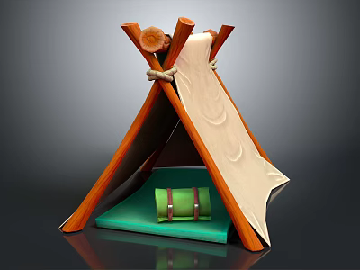 Wooden Teepee Tent Furniture With Canvas Cover Green Play Mat And Rolled Cushion 3d model