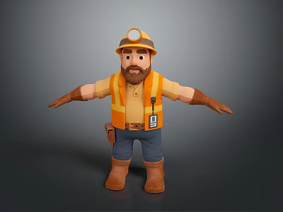 Bearded Man Wearing Orange Safety Vest Hard Hat With Headlamp Tool Belt Arms Outstretched 3d model