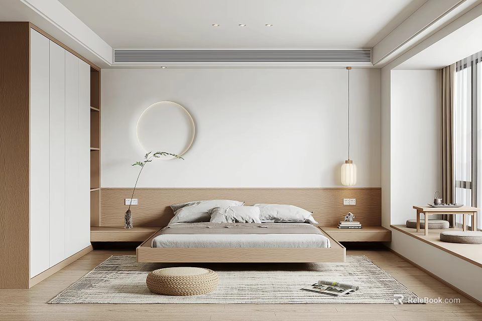 Modern Bedroom Interior With Platform Bed Circular Decor Pendant Lamp And Rattan Stool 3d model 