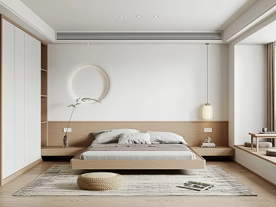 Modern Bedroom Interior With Platform Bed Circular Decor Pendant Lamp And Rattan Stool 3d model