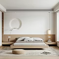 Modern Bedroom Interior With Platform Bed Circular Decor Pendant Lamp And Rattan Stool