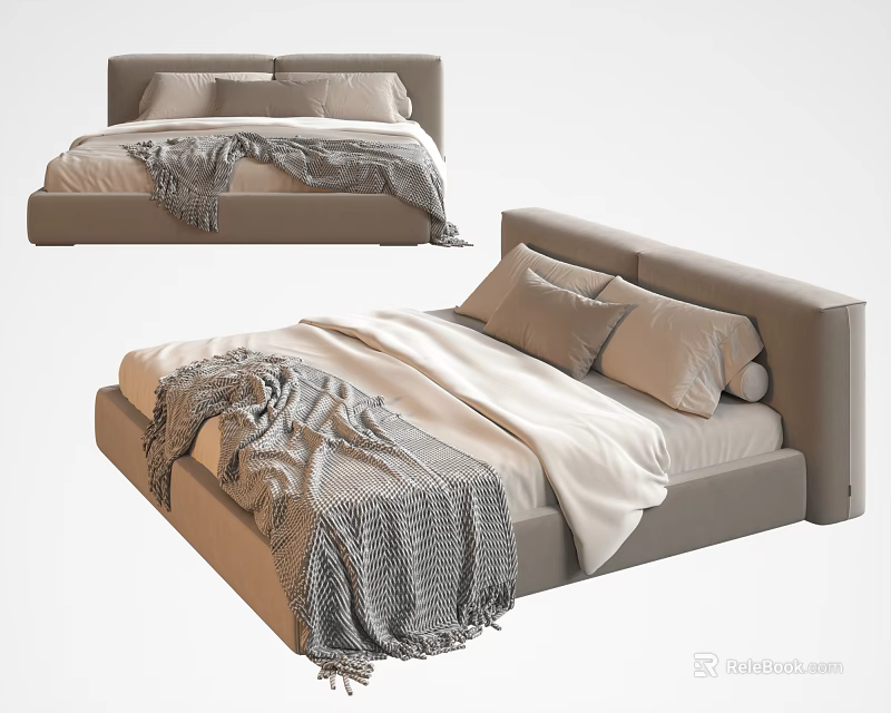 Modern Double Bed Interior With Comfortable Headboard Soft Pillows And Cozy Blanket 3d model