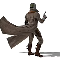 Post Apocalyptic Game Movie Character With Green Helmet Mask And Brown Trench Coat