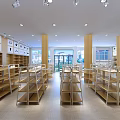 Retail Store Interior Featuring Wooden And Metal Shelves Display Tables And Ceiling Lighting