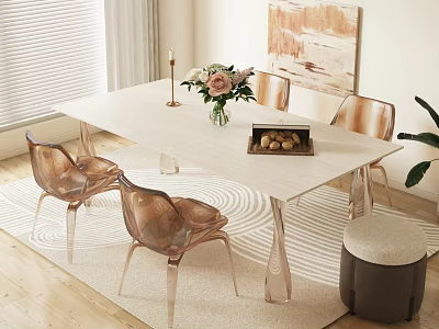Modern Dining Table Set With Acrylic Chairs Flower Arrangement Fruit Tray And Rug 3d model