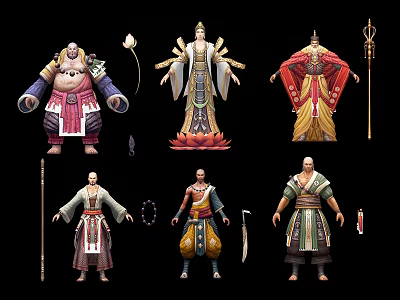 Game and Movie Characters Featuring Diverse Traditional Costumes Staffs Beads and Lotus 3d model
