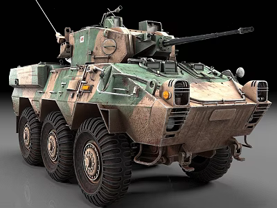 Military Wheeled Tank with Camouflage Paint Turret Cannon and Antenna Detailed Exterior Design 3d model