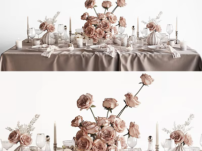 Elegant Dinnerware Set With Pink Roses Candles And Table Decorations 3d model