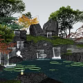 Natural Rock Garden Landscape With Stone Rocks Wood Elements Waterfalls And Lotus Pond