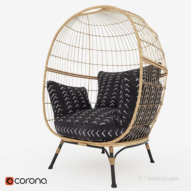 Egg Shaped Rattan Leisure Chair With Black Cushion And White Arrow Pattern 3d model 