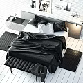 Modern Double Bed Interior With Black Comforter White Pillows Nightstand And Rug 3d model