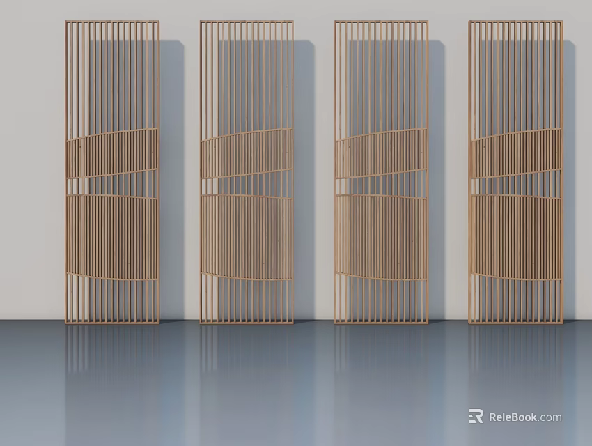 Four Wooden Hinged Doors With Vertical Slats And Geometric Patterns In Light Colored Room 3d model 
