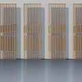 Four Wooden Hinged Doors With Vertical Slats And Geometric Patterns In Light Colored Room