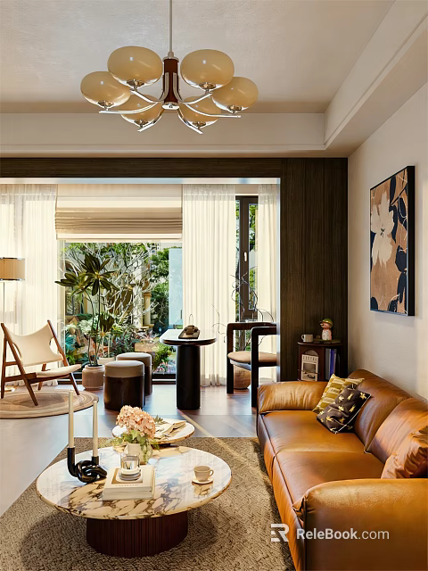 Cozy Bright Modern Living Room Interior With Brown Leather Sofa And Pretty Outdoor Garden View 3d model 