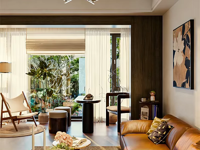 Cozy Bright Modern Living Room Interior With Brown Leather Sofa And Pretty Outdoor Garden View 3d model