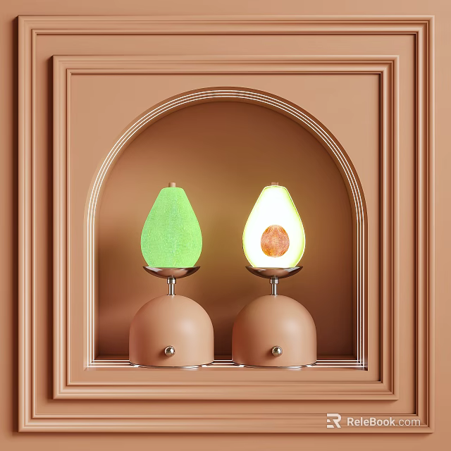 Avocado Shaped Table Lamps With Green Yellow Flesh Brown Pit Beige Base Arched Frame 3d model 