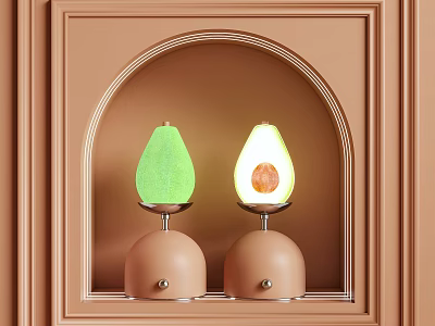 Avocado Shaped Table Lamps With Green Yellow Flesh Brown Pit Beige Base Arched Frame 3d model