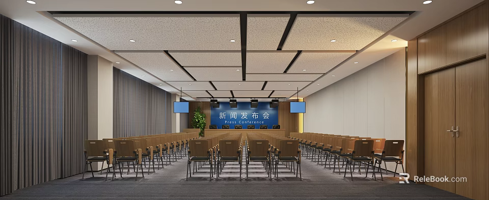 Conference Room For News Conference With Arranged Chairs Blue Backdrop And Screens 3d model 
