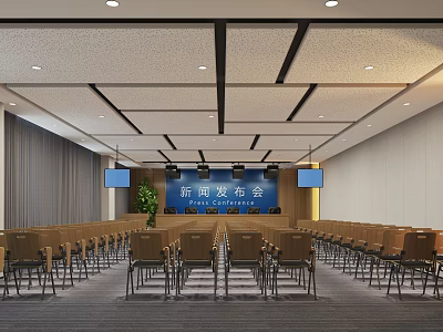 Conference Room For News Conference With Arranged Chairs Blue Backdrop And Screens 3d model