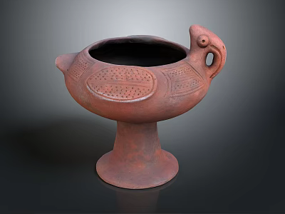 Traditional Terracotta Vessel With Bird Head Handle And Carved Patterns On Pedestal Base 3d model