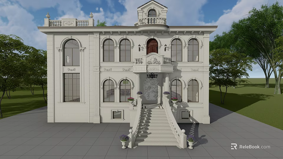 Classical Style White Detached Villa with Arched Windows Balcony Front Steps and Decorative Carvings 3d model 