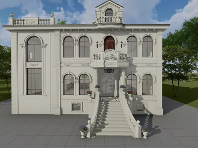 Classical Style White Detached Villa with Arched Windows Balcony Front Steps and Decorative Carvings 3d model