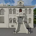 Classical Style White Detached Villa with Arched Windows Balcony Front Steps and Decorative Carvings