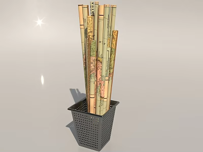 Decorative Bamboo Wall Art with Patterned Sticks in Black Mesh Planter 3d model
